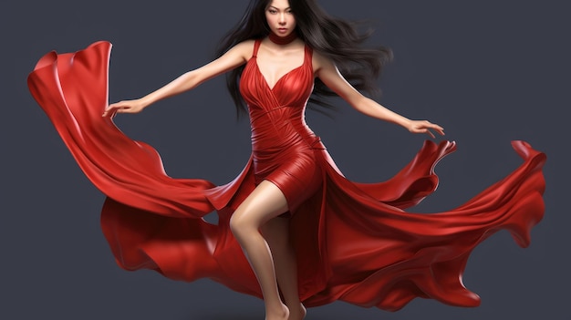 A woman in a red dress with a flowing skirt