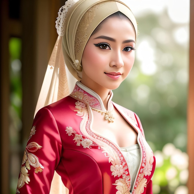 A woman in a red dress with gold embroidery and a gold scarf.