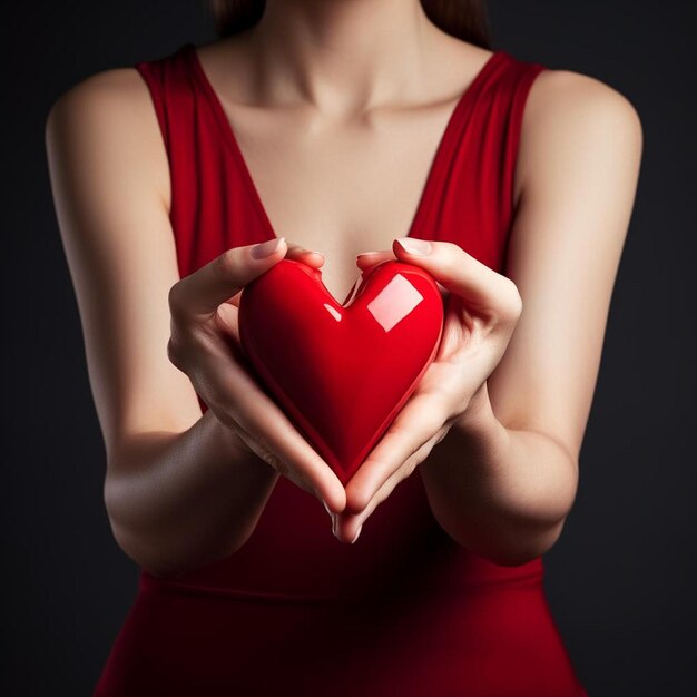 a woman in a red dress with a heart in her hands