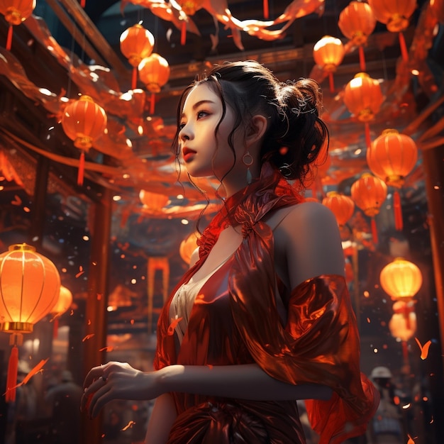 Foto una donna con un vestito rosso con le lanterne sullo sfondo.