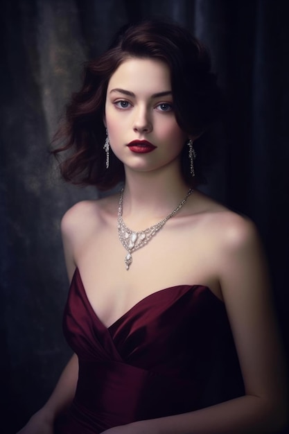 A woman in a red dress with a necklace and earrings