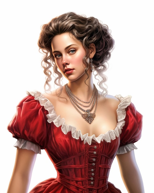 a woman in a red dress with a necklace on her neck