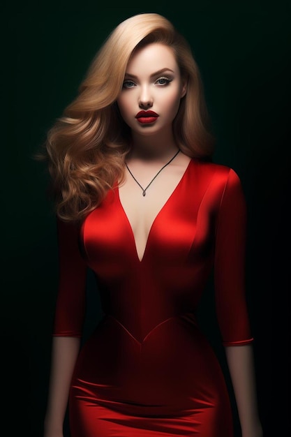 A woman in a red dress with a necklace on it