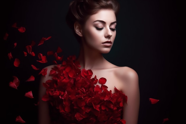 A woman in a red dress with petals falling from her chest