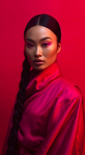 A woman in a red dress with a pink background