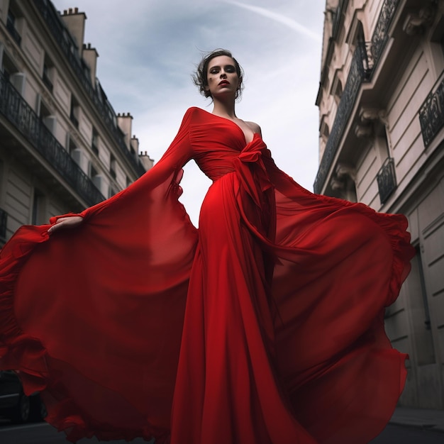 a woman in a red dress with a red dress on the back is walking in the street.