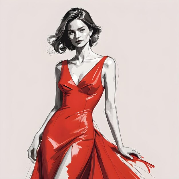 a woman in a red dress with a red dress on it