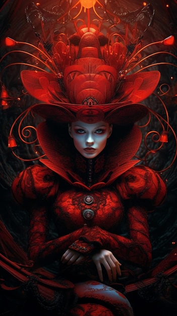 Женщина в красном платье с красной шляпой и красной шляпой