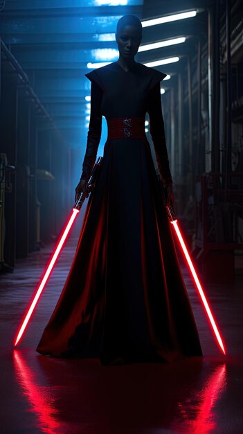 a woman in a red dress with a red light on her head stands in a dark room with a red light
