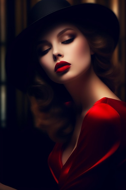 a woman in a red dress with a red lipstick.