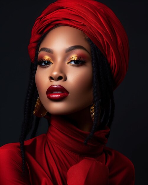 A woman in a red dress with a red turban on her head.