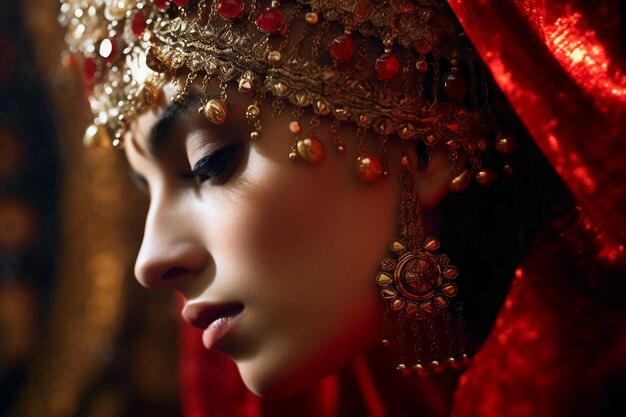 a woman in a red dress with a red veil and the eyes of her face.