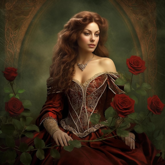 a woman in a red dress with a rose in the background.