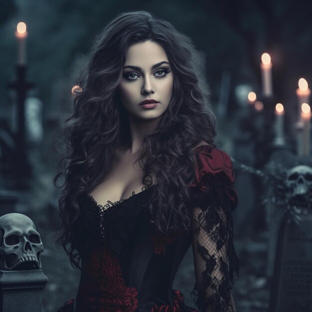 a woman in a red dress with a skull and cross bones.