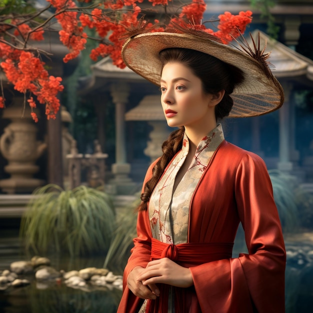 a woman in a red dress with a straw hat on her head stands under a tree with red flowers.