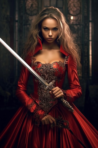 a woman in a red dress with a sword