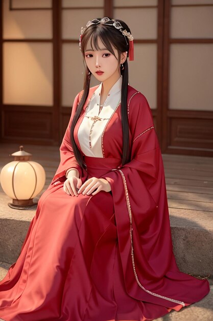 A woman in a red dress with the word hanfu on the front