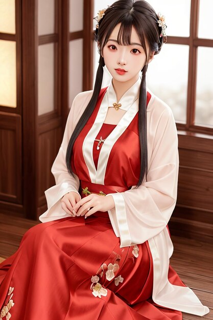Женщина в красном платье со словом hanfu спереди