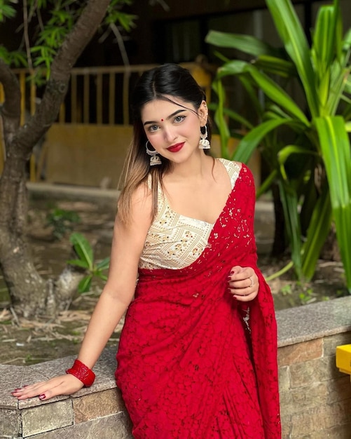 a woman in a red dress