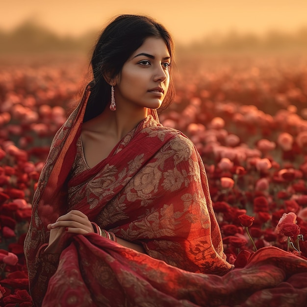 A woman in a red floral shawl stands in a field of red flowers.