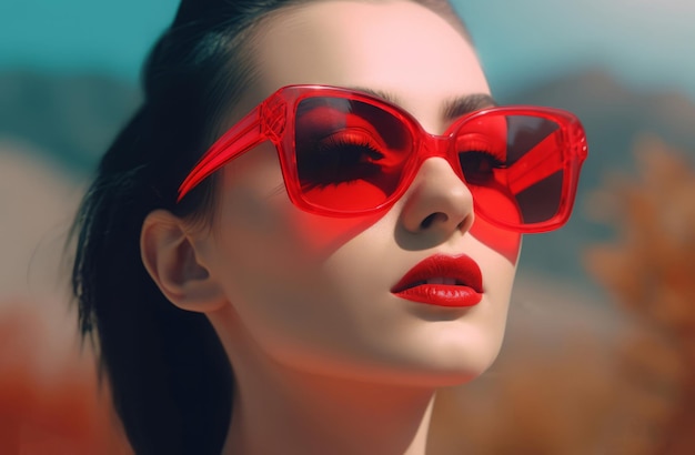 Photo woman red glasses future color wear style generate ai