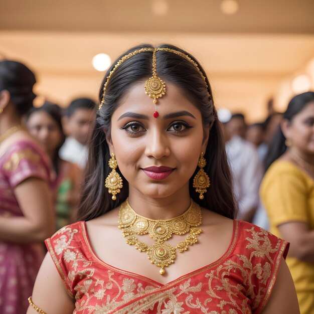 a woman in a red and gold dress with a gold tassel on the top