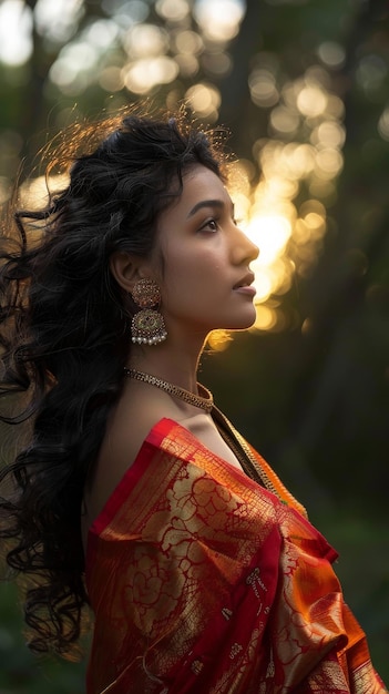 Woman in Red and Gold Sari at Indian Festival