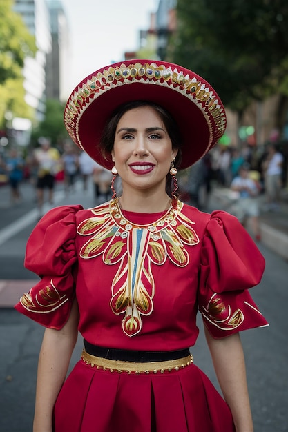 a woman in a red and gold top with a red and gold embroidery on the front