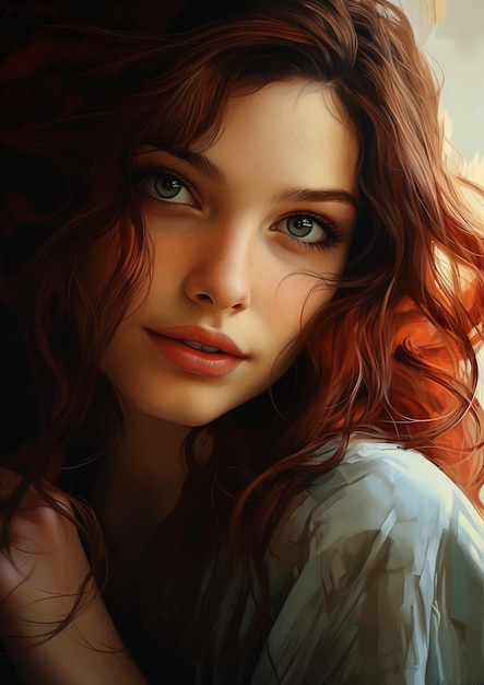 woman red hair blue eyes posing stunning drawing soft diffuse lighting girl looks young talented