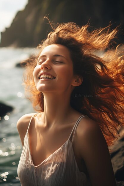 Woman red hair standing rocky beach fashion model face closed eyes white skin joy young neck sea