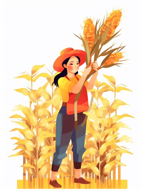 빨간 모자를 쓴 여자가 옥수수 밭에서 옥수수 다발을 들고 있습니다.
