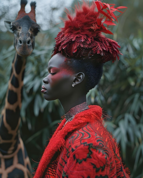 A woman in a red hat poses next to a giraffidae at a beauty event