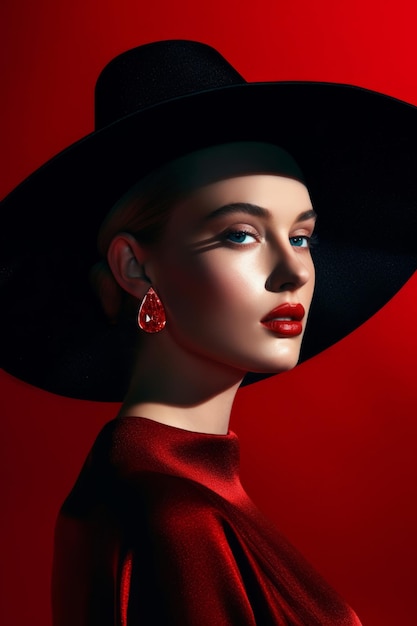 A woman in a red hat and a red background