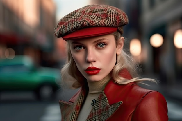 A woman in a red hat and red jacket stands on a street.