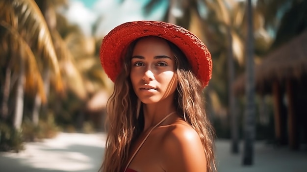 Женщина в красной шляпе стоит на пляже