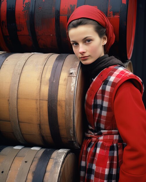 Foto una donna con un cappello rosso in piedi davanti a barili.