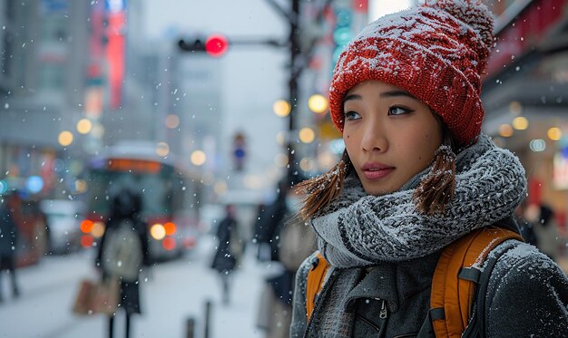 Photo a woman in a red hat stands in the snow