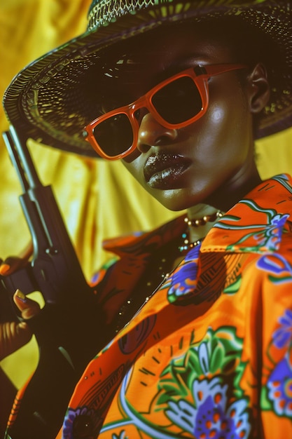 A woman in a red hat and sunglasses holding a gun