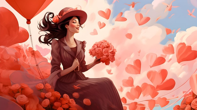 Женщина в красной шляпе с цветами на фоне сердца Счастливого женского дня концепция
