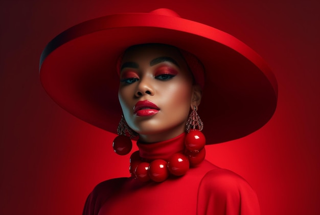 A woman in a red hat with a red dress and red earrings.