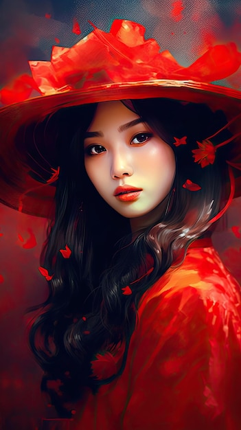 Женщина в красной шляпе с красными листьями на голове