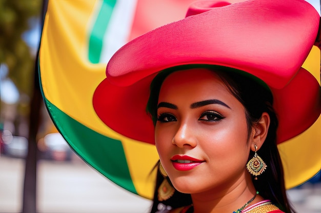 A woman in a red hat and a yellow and green flag
