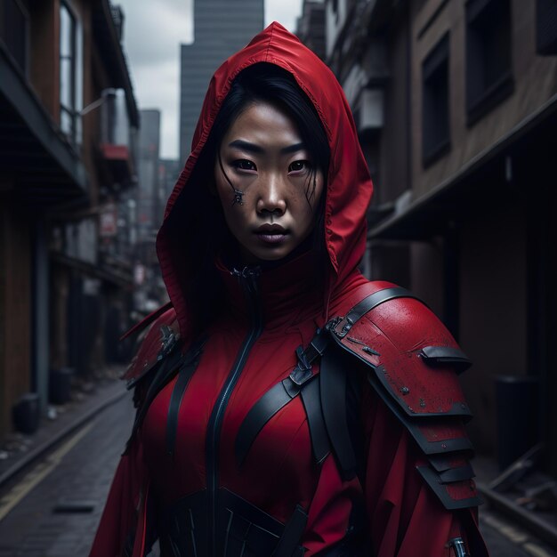 A woman in a red hood and a red hood stands in a street.