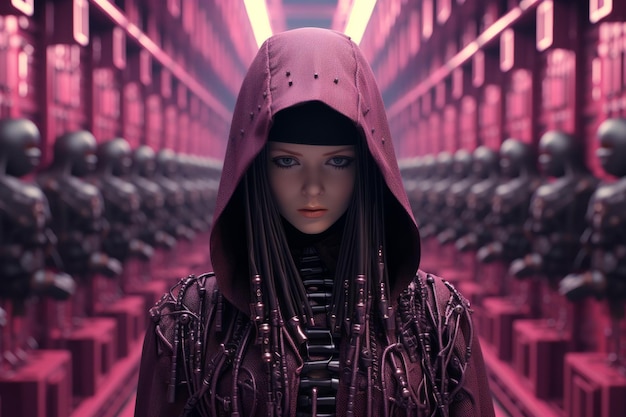 Photo a woman in a red hooded jacket standing in front of a bunch of robots