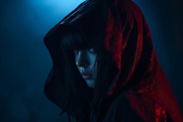 a woman in a red hooded robe