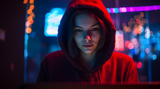 A woman in a red hoodie looks at a laptop.