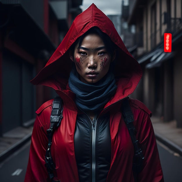 Photo a woman in a red hoodie stands on the street in front of a red sign that says'i'm not a girl. '