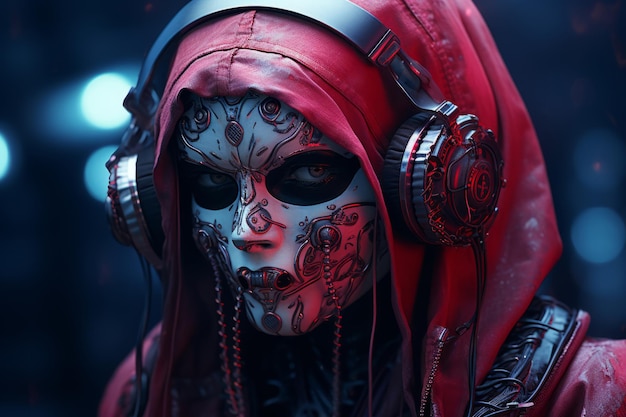 a woman in a red hoodie with headphones on