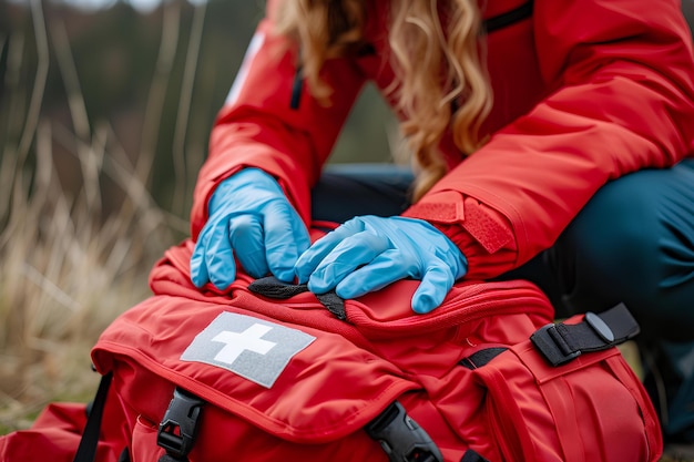 A woman in a red jacket and blue gloves