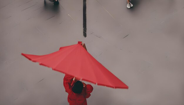 Photo a woman in a red jacket is holding an umbrella